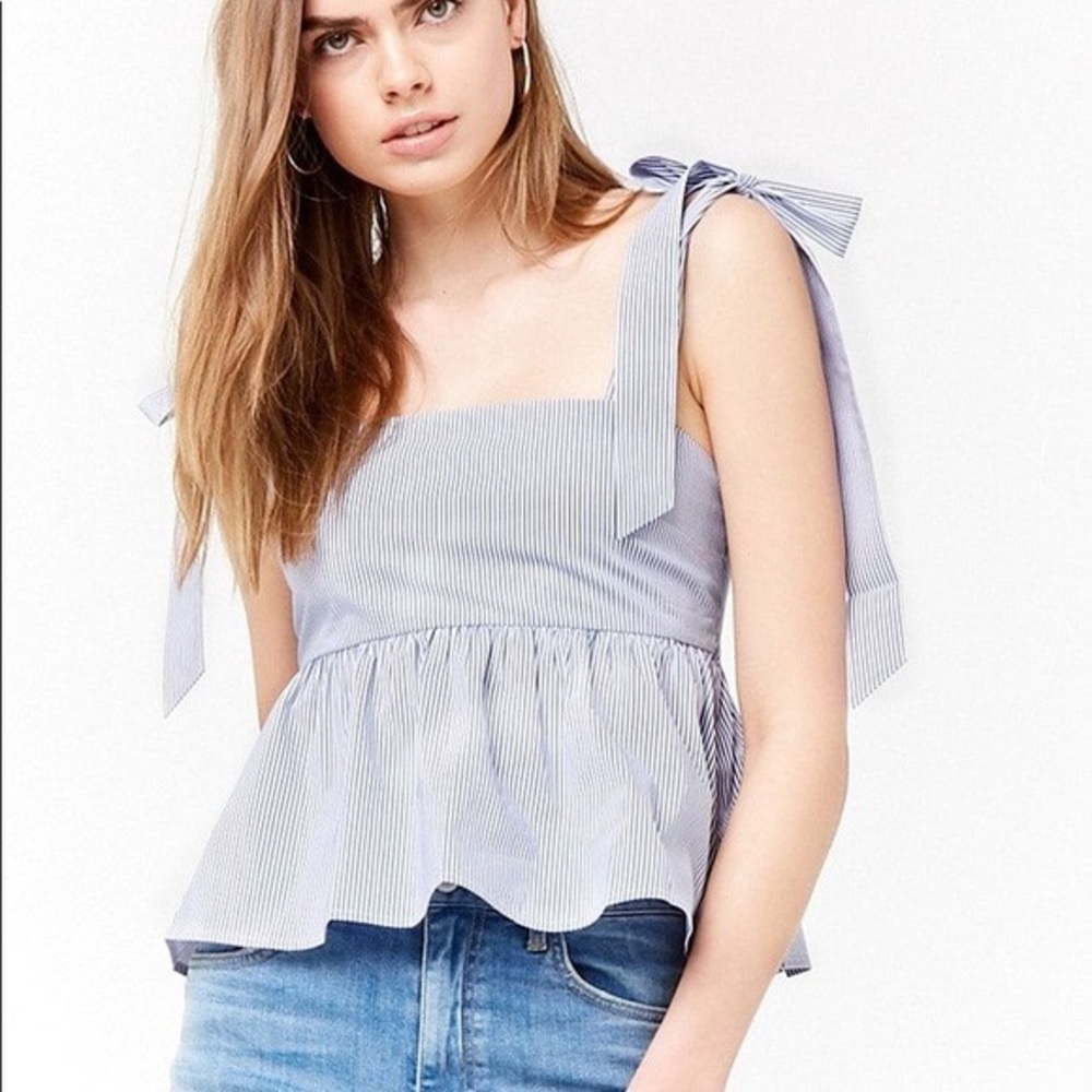 Adorable F21 Blue Women's Striped Tie-strap Top